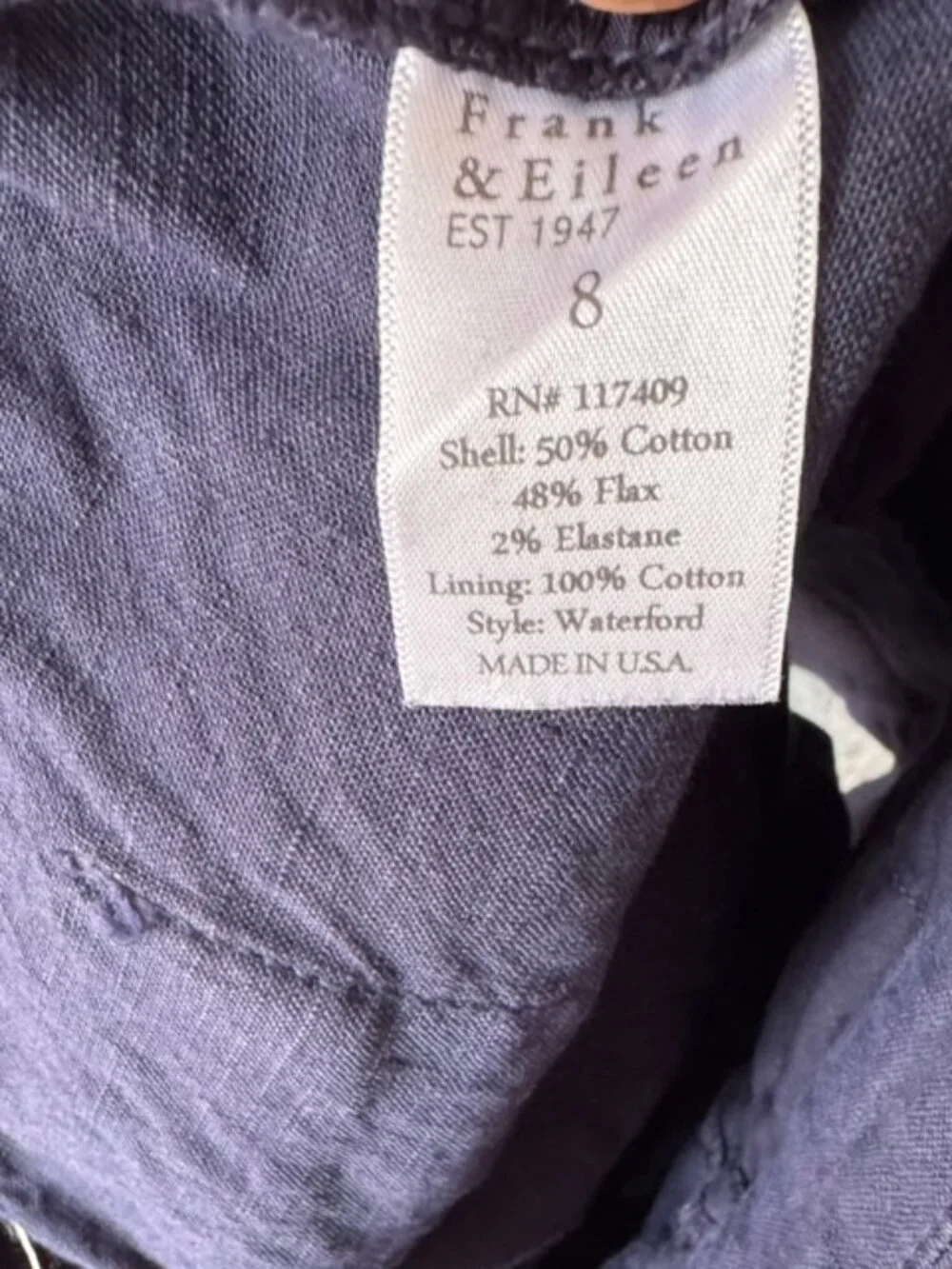 Frank & Eileen Waterford 8 Shorts Navy Italian Performance Linen